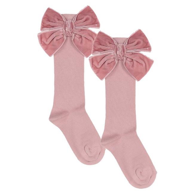 Picture of Meia Pata Extra Large Velvet Bow Knee Socks - Dark Pink