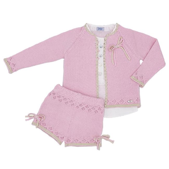 Picture of Rahigo Girls Summer Knit Shorts Blouse & Cardigan Set X 3 - Baby Pink Cream