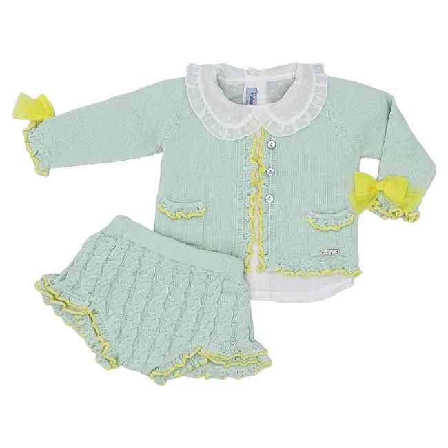 Picture of Rahigo Girls Summer Knit Ruffle Jampants Blouse & Cardigan Set X 3 - Mint Green Yellow