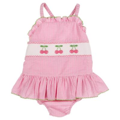 Picture of Anavini Girls Smocked Cherries Vintage Style Skirted Swimsuit - Fuchsia Pink Check