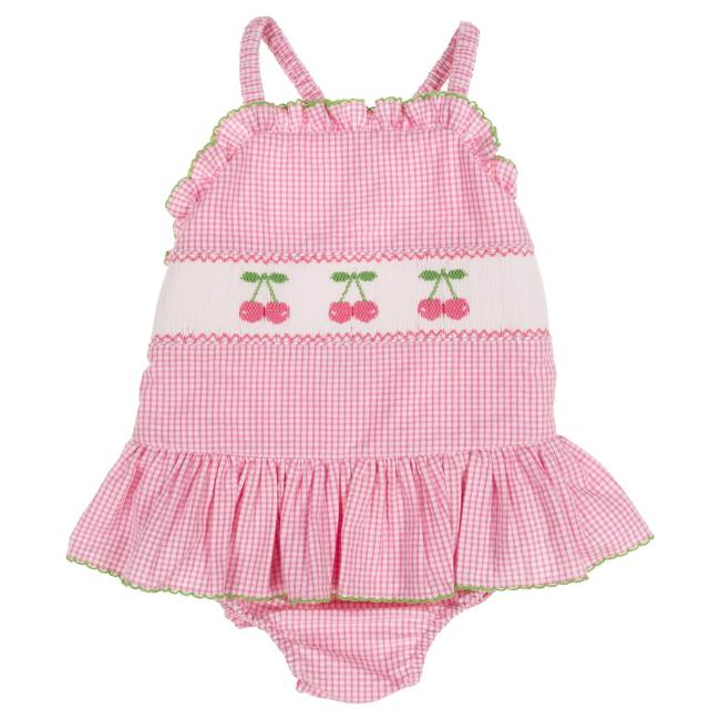 Picture of Anavini Girls Smocked Cherries Vintage Style Skirted Swimsuit - Fuchsia Pink Check