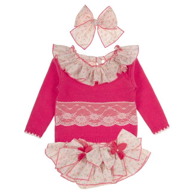 Picture of Ela Confeccion Girls Knitted 3 Piece Jam Pant Set - Fuchsia Pink