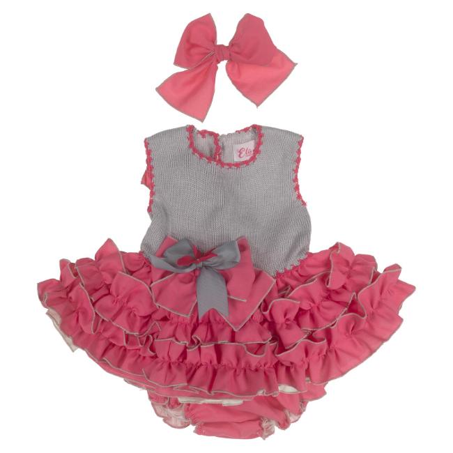 Picture of Ela Confeccion Girls Ruffle Summer Dress Panties Hairbow Set X 3 - Grey Fuchsia