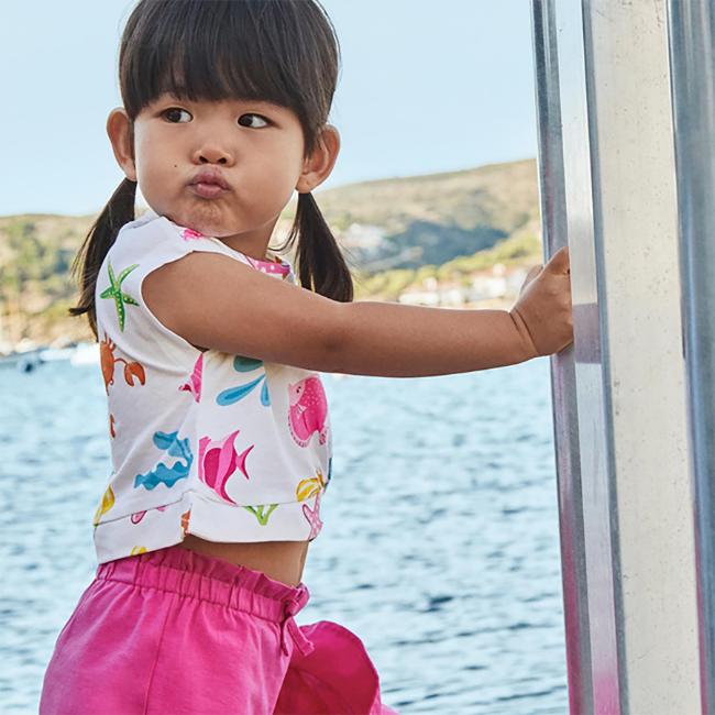 Picture of Mayoral Toddler Girls Summer Sealife Shorts With X 2 Tops Set X 3 - Fuchsia White