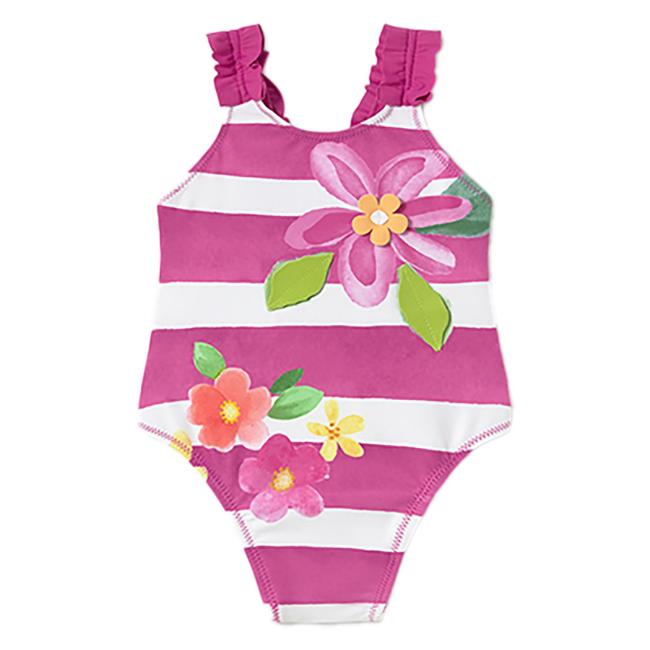 Picture of Mayoral Toddler Girls Summer Flowers Print Stripe Swimsuit - Fuchsia Pink