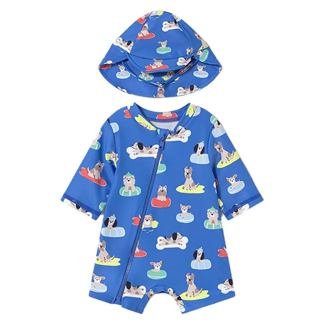 Picture of Mayoral Newborn Boys Puppies Swim Suit & Sunhat Set X 2 - Blue Multi