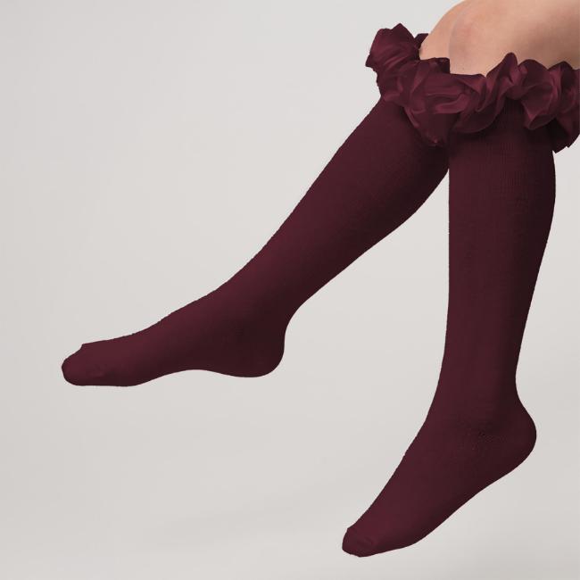 Picture of Caramelo Kids Girls Ruffle Ribbon Knee High Socks - Maroon Burgundy