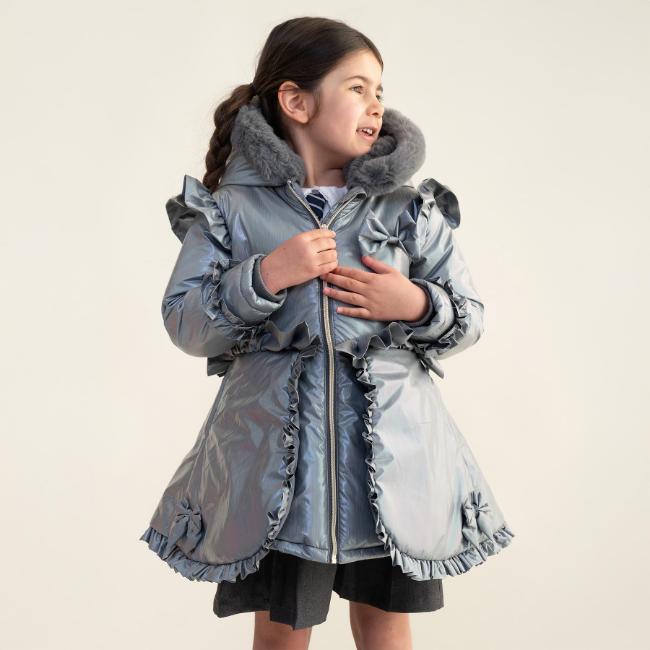 Picture of Caramelo Kids Girls Fur Trim Hooded Peplum Coat - Grey