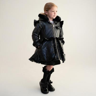 Picture of Caramelo Kids Girls Fur Trim Hooded Peplum Coat - Black
