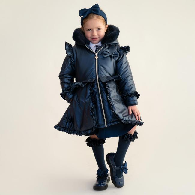 Picture of Caramelo Kids Girls Fur Trim Hooded Peplum Coat - Navy