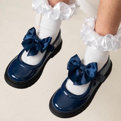 Picture of Caramelo Kids Girls Satin Bow Mary Jane School Shoes - Navy