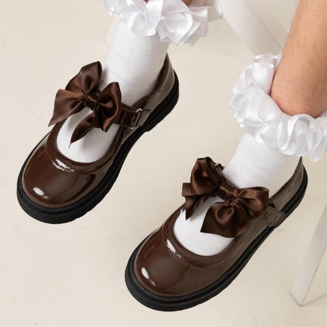 Picture of Caramelo Kids Girls Satin Bow Mary Jane School Shoes - Brown