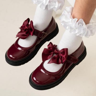 Picture of Caramelo Kids Girls Satin Bow Mary Jane School Shoes - Maroon Burgundy
