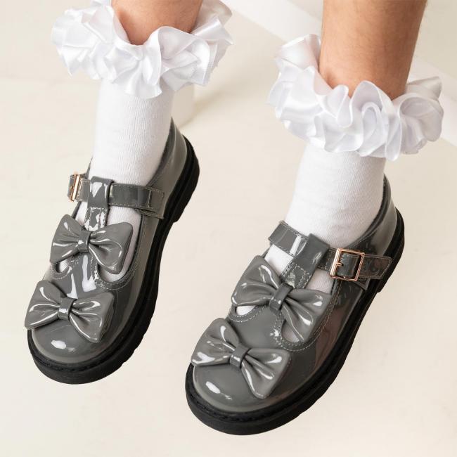 Picture of Caramelo Kids Girls Easy On Double Bow T Bar School Shoes - Grey