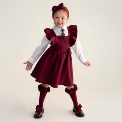 Picture of Caramelo Kids Girls Frill School Pinafore With Bows - Maroon Burgundy