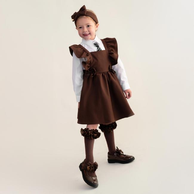 Picture of Caramelo Kids Girls Frill School Pinafore With Bows - Brown