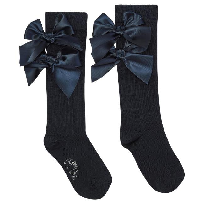 Picture of A Dee BTS Poppy Satin Bow Knee High Sock - Navy Blue