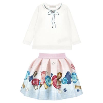 Picture of Monnalisa Girls Jewel Top & Jewel Skirt Set X 2 - Ivory Blue