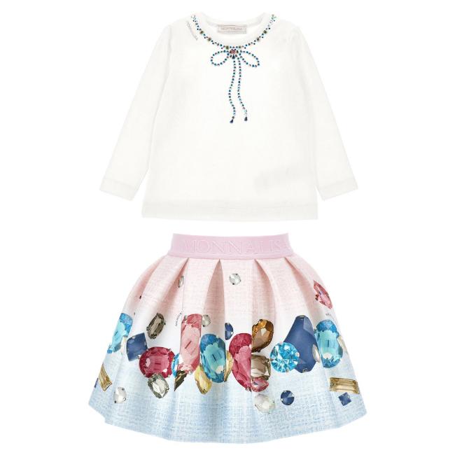 Picture of Monnalisa Girls Jewel Top & Jewel Skirt Set X 2 - Ivory Blue