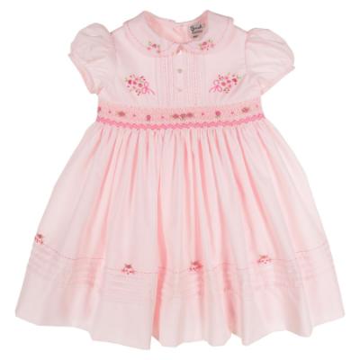 Picture of Sarah Louise Girls Smocked Bodice Puff Sleeve Dress - Pale Pink Fuchsia