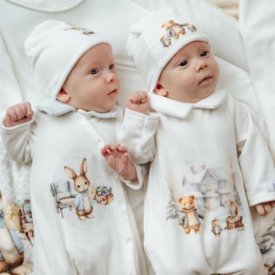 Picture of Jamiks Kids Baby Boys Homero Teddy Babygrow Hat Swaddle Bib Velour Set X 4 - Ivory Pale Blue