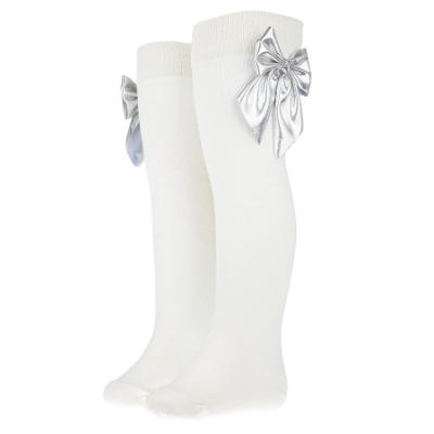Picture of Daga Girls Blue Mirage Knee Socks With Silver Bow - Ivory Silver