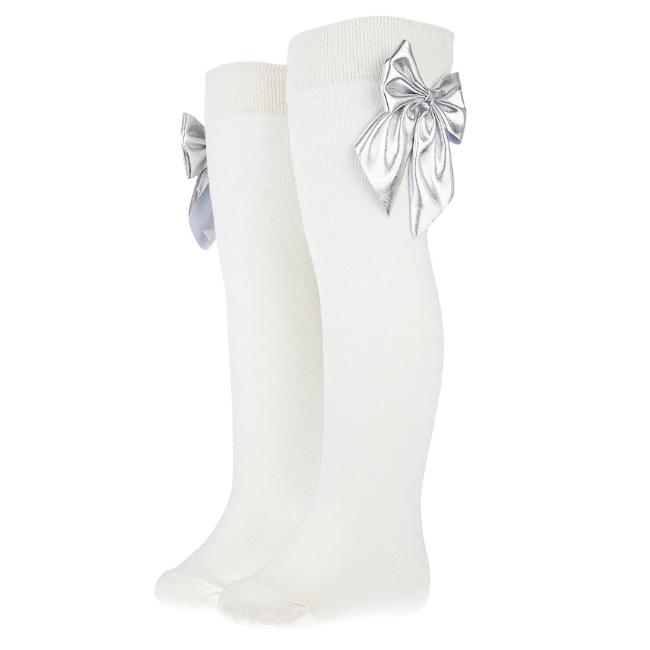 Picture of Daga Girls Blue Mirage Knee Socks With Silver Bow - Ivory Silver