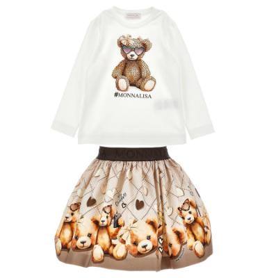 Picture of Monnalisa Girls Diamante Teddy Top & Skirt Set X 2 - Ivory Beige
