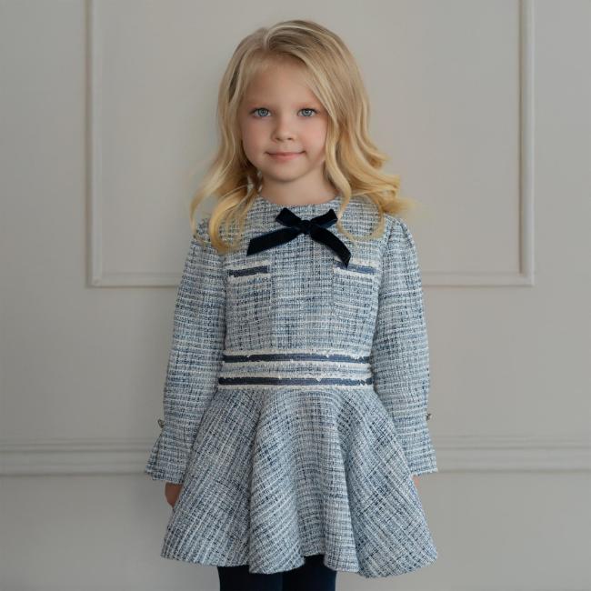 Picture of Miranda Girls Woven Dress With Velvet Bow - Blue Navy