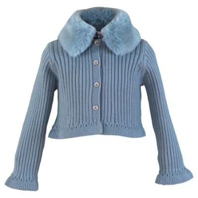 Picture of Miranda Girls Ribbed Cardigan With Faux Fur Collar - Blue