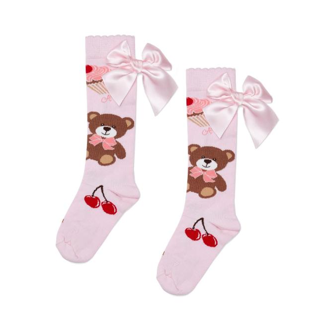 Picture of A Dee Teddy Bear Bakery Leah Bear Print Bow Knee High Socks - Pink Fairy