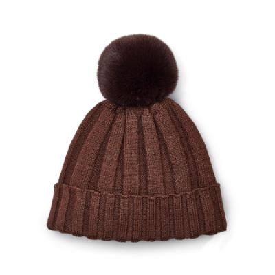 Picture of A Dee Initial Icon Mallory Pom Pom Knitted Hat - Chocolate Brown