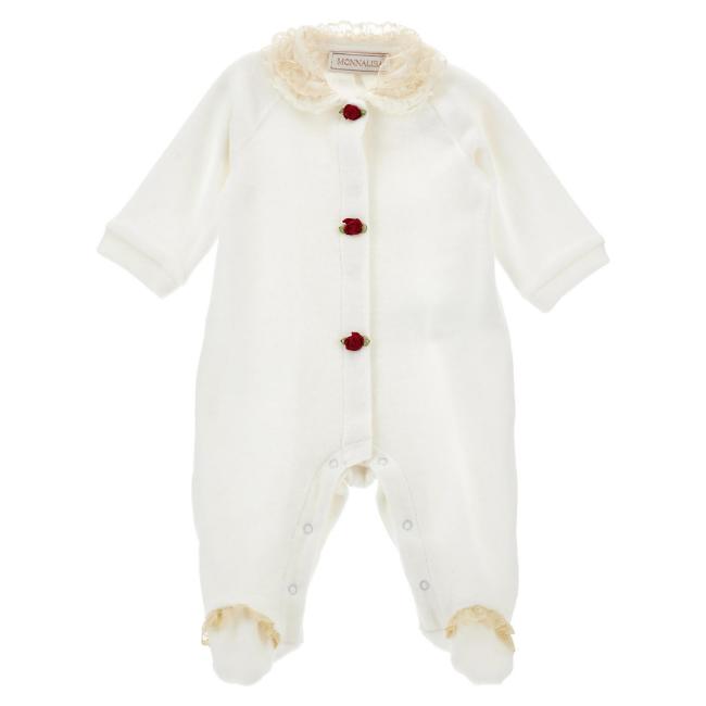 Picture of Monnalisa Bebe Girls Rosebud & Lace Collar Babygrow - Ivory Red