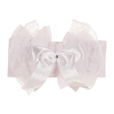 Picture of Beau KiD Baby Girls Lace Ruffle Soft Headband With Diamante Satin Bow - White