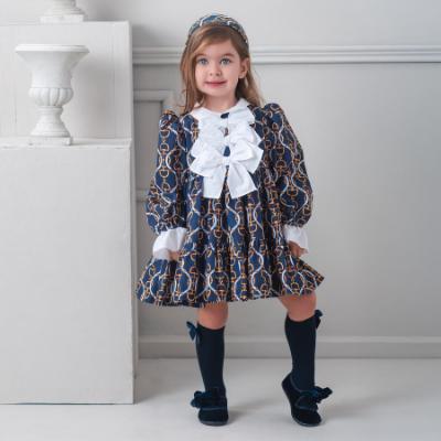 Picture of Rochy Girls Vintage Chains Collection Triple Bow Dress - Navy Blue White