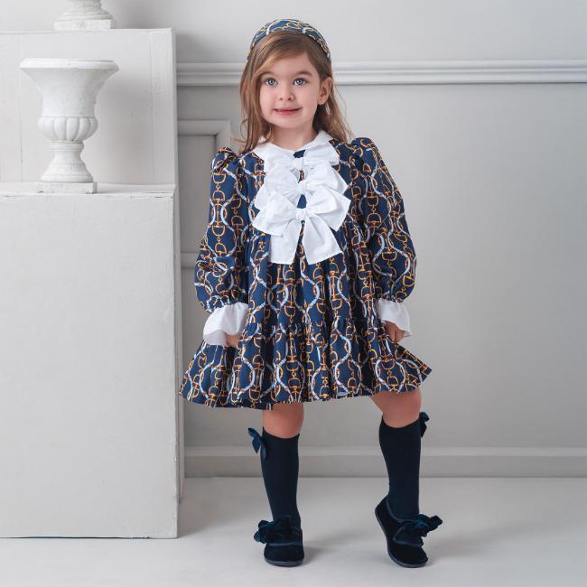 Picture of Rochy Girls Vintage Chains Collection Triple Bow Dress - Navy Blue White