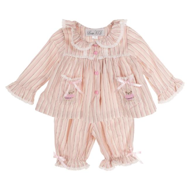 Picture of Beau KiD Baby Girls Embroidered Teddy Stripe Pyjamas Set X 2 -  Pink Ivory