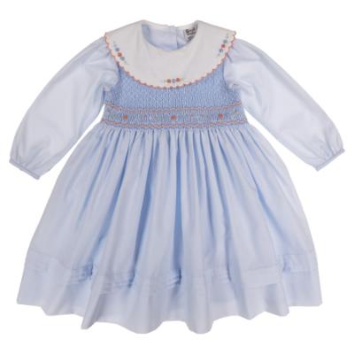 Picture of Sarah Louise Girls Smocked Bodice Wide Collar Dress - Pale Blue Coral