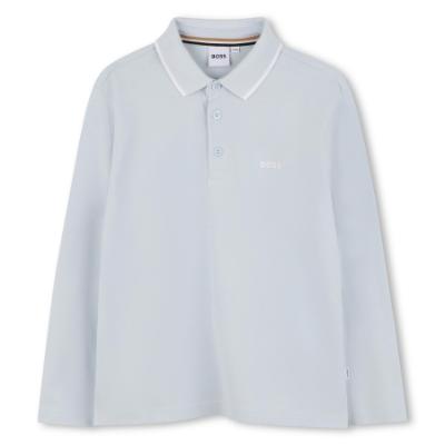 Picture of BOSS Boys Long Sleeve Pique Cotton Polo Top - Pale Blue White