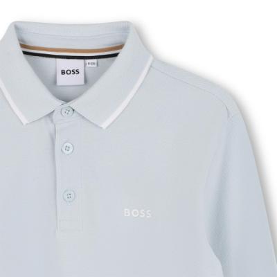 Picture of BOSS Boys Long Sleeve Pique Cotton Polo Top - Pale Blue White