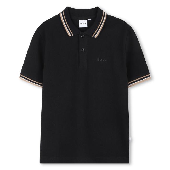 Picture of BOSS Boys Mini Me Short Sleeve Pique Cotton Polo Top - Black Beige White
