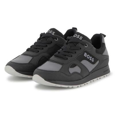 Picture of BOSS Boys Mini Me Lace Up Logo Trainers - Black Grey