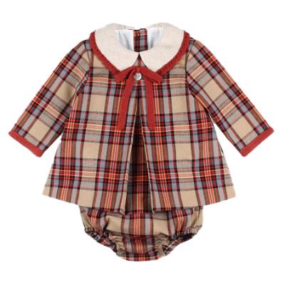 Picture of Foque Girls Check Dress & Panties Set  - Brown Beige