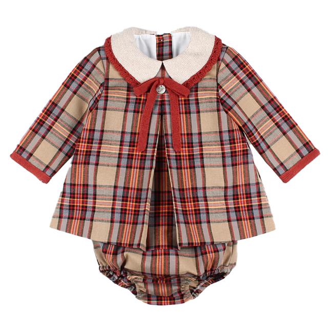 Picture of Foque Girls Check Dress & Panties Set  - Brown Beige