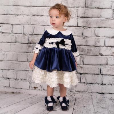 Picture of Beau KiD Girls Ruffle Velvet Dress & Bonnet Set X 2 - Navy Ivory