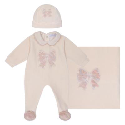 Picture of Deolinda Chic Baby Girls Faux Fur Bow Blanket Sleepsuit & Hat Set X 3 - Pink Multi