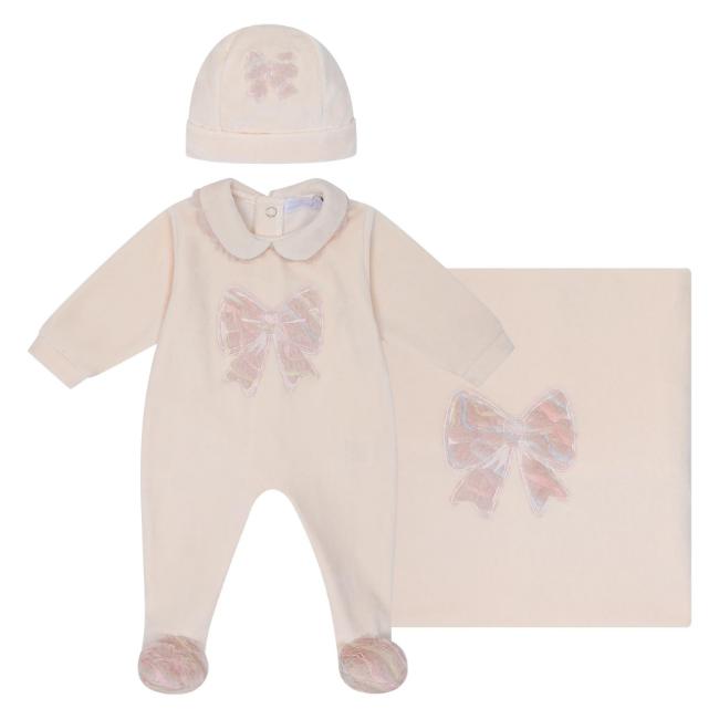 Picture of Deolinda Chic Baby Girls Faux Fur Bow Blanket Sleepsuit & Hat Set X 3 - Pink Multi