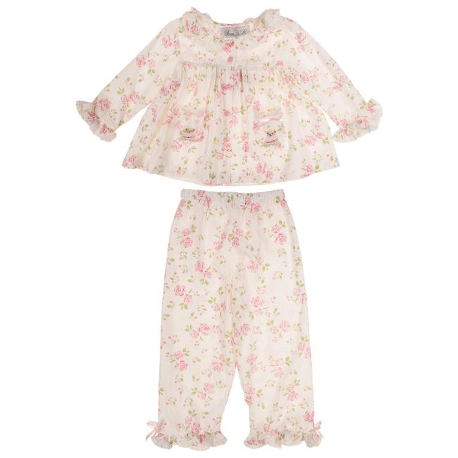 Picture of Beau KiD Girls Embroidered Teddy Floral Pyjamas Set X 2 - Ivory Pink