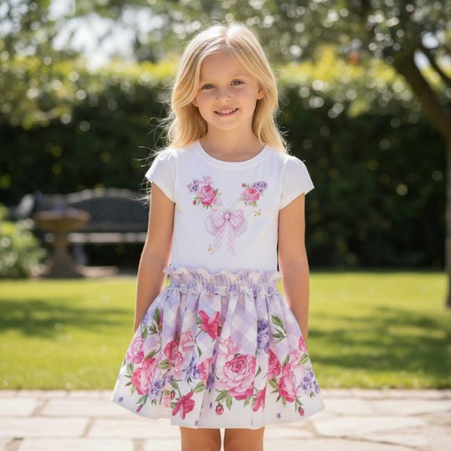 Picture of Monnalisa Girls Garden Party Butterfly Top & Skirt Set X 2 - Ivory Lilac