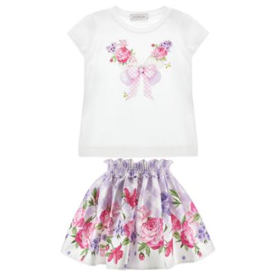 Picture of Monnalisa Girls Garden Party Butterfly Top & Skirt Set X 2 - Ivory Lilac